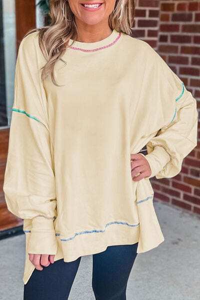 Slit Round Neck Lantern Sleeve Sweatshirt - Trendsi - Flyclothing LLC