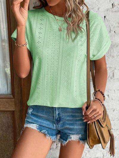Eyelet Round Neck Short Sleeve T-Shirt - Trendsi - Flyclothing LLC