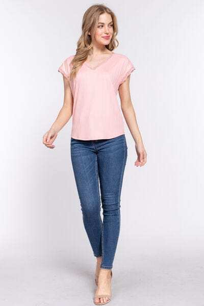 ACTIVE BASIC Lace Trim V-Neck Short Sleeve Ribbed Top - Trendsi - Flyclothing LLC