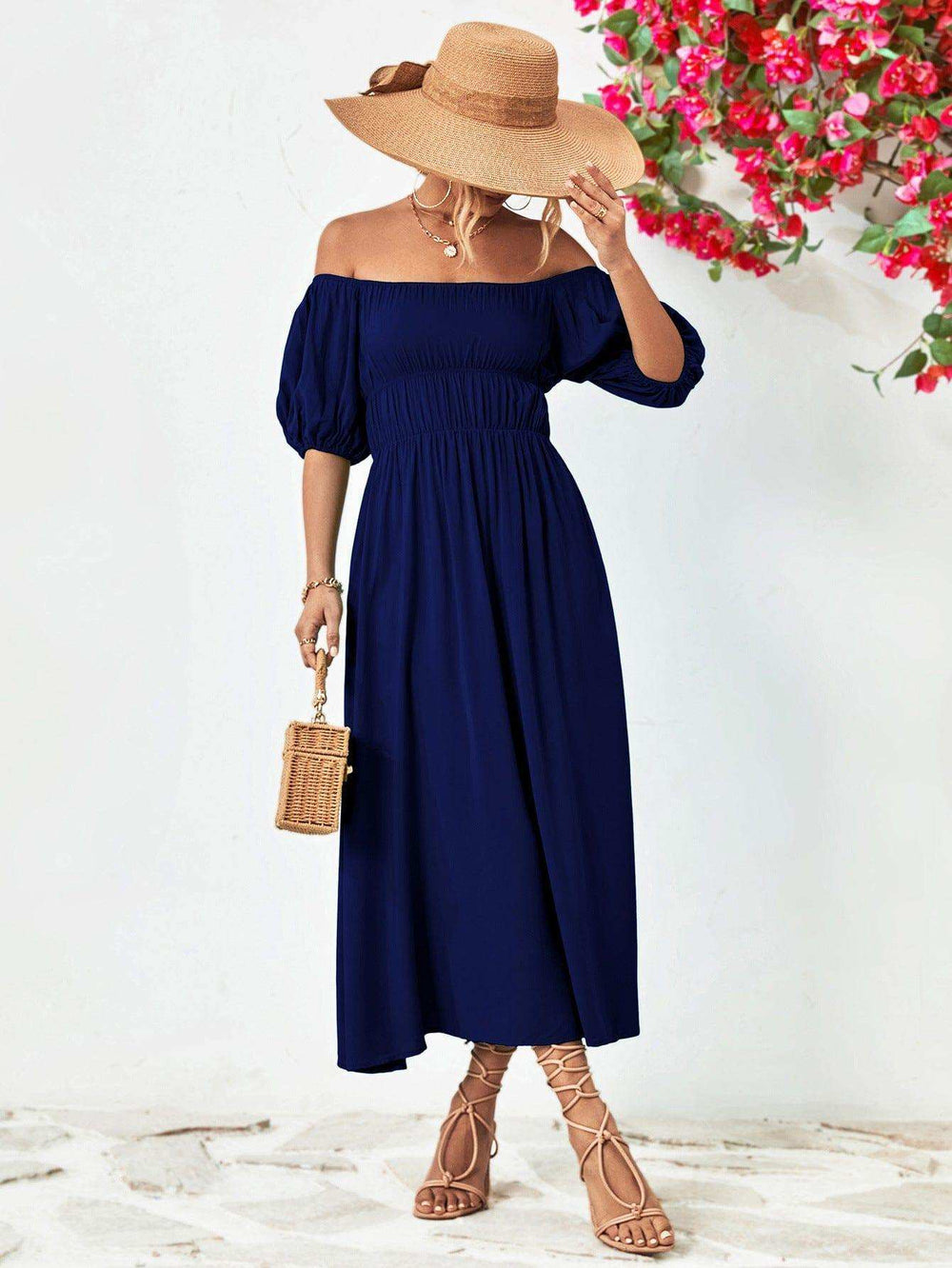 Off-Shoulder Balloon Sleeve Midi Dress - Trendsi - Flyclothing LLC