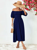 Off-Shoulder Balloon Sleeve Midi Dress - Trendsi - Flyclothing LLC
