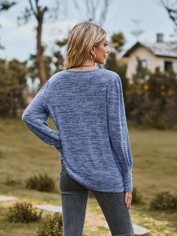 Round Neck Long Sleeve Buttoned T-Shirt - Trendsi - Flyclothing LLC
