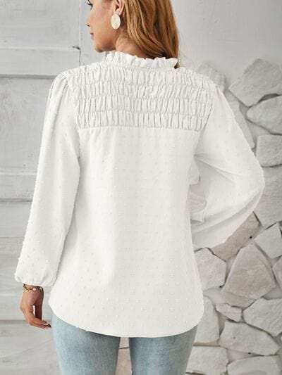 Ruched Swiss Dot Notched Balloon Sleeve T-Shirt - Trendsi - Flyclothing LLC