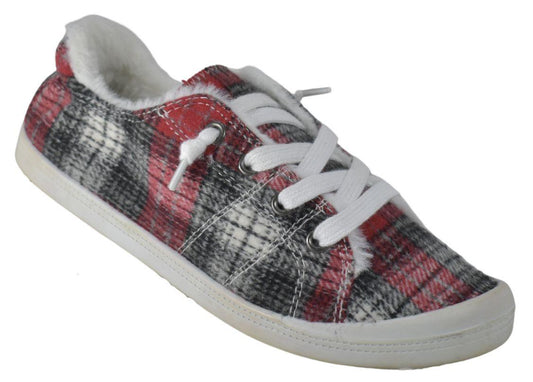 Shaboom Women's Canvas with Fur RED PLAID - Flyclothing LLC