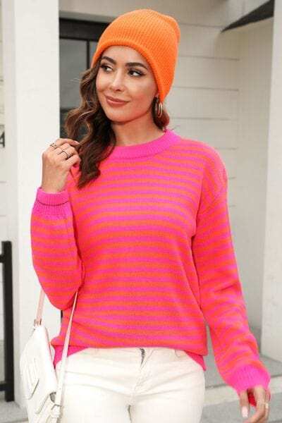 Striped Round Neck Dropped Shoulder Sweater - Trendsi - Flyclothing LLC