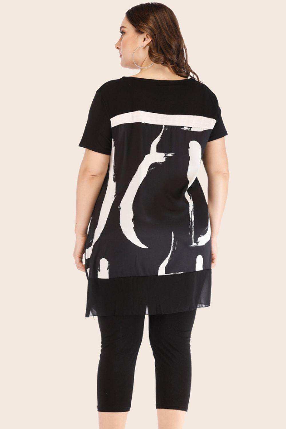 Plus Size Contrast Spliced Mesh T-Shirt and Cropped Leggings Set - Trendsi - Flyclothing LLC