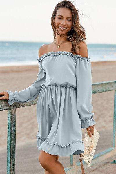 Frill Off-Shoulder Flounce Sleeve Dress - Trendsi - Flyclothing LLC