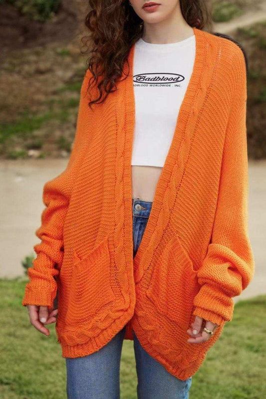 Cable-Knit Open Front Cardigan with Pockets - Trendsi - Flyclothing LLC