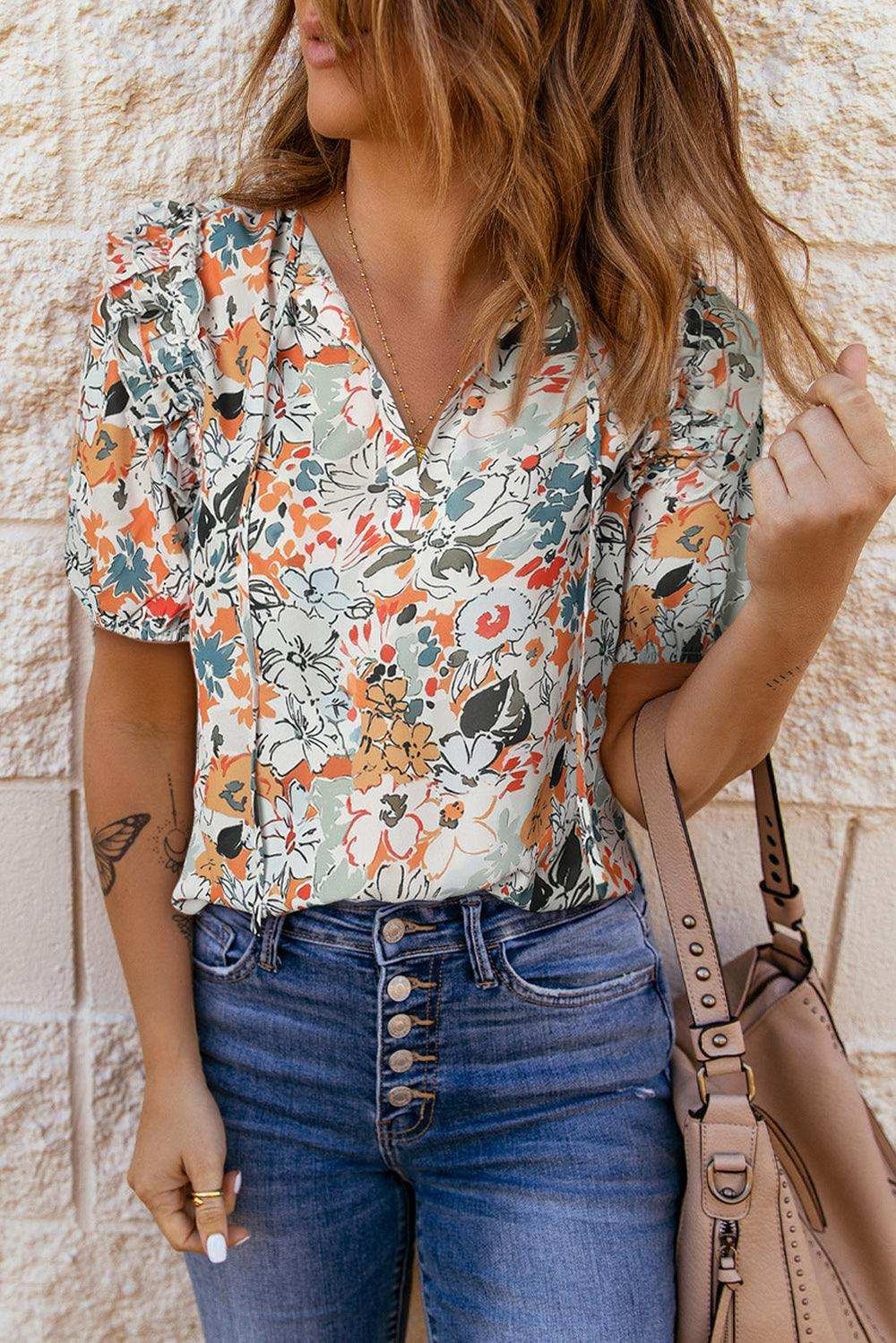 Floral Tie Neck Shoulder Detail Blouse - Trendsi - Flyclothing LLC