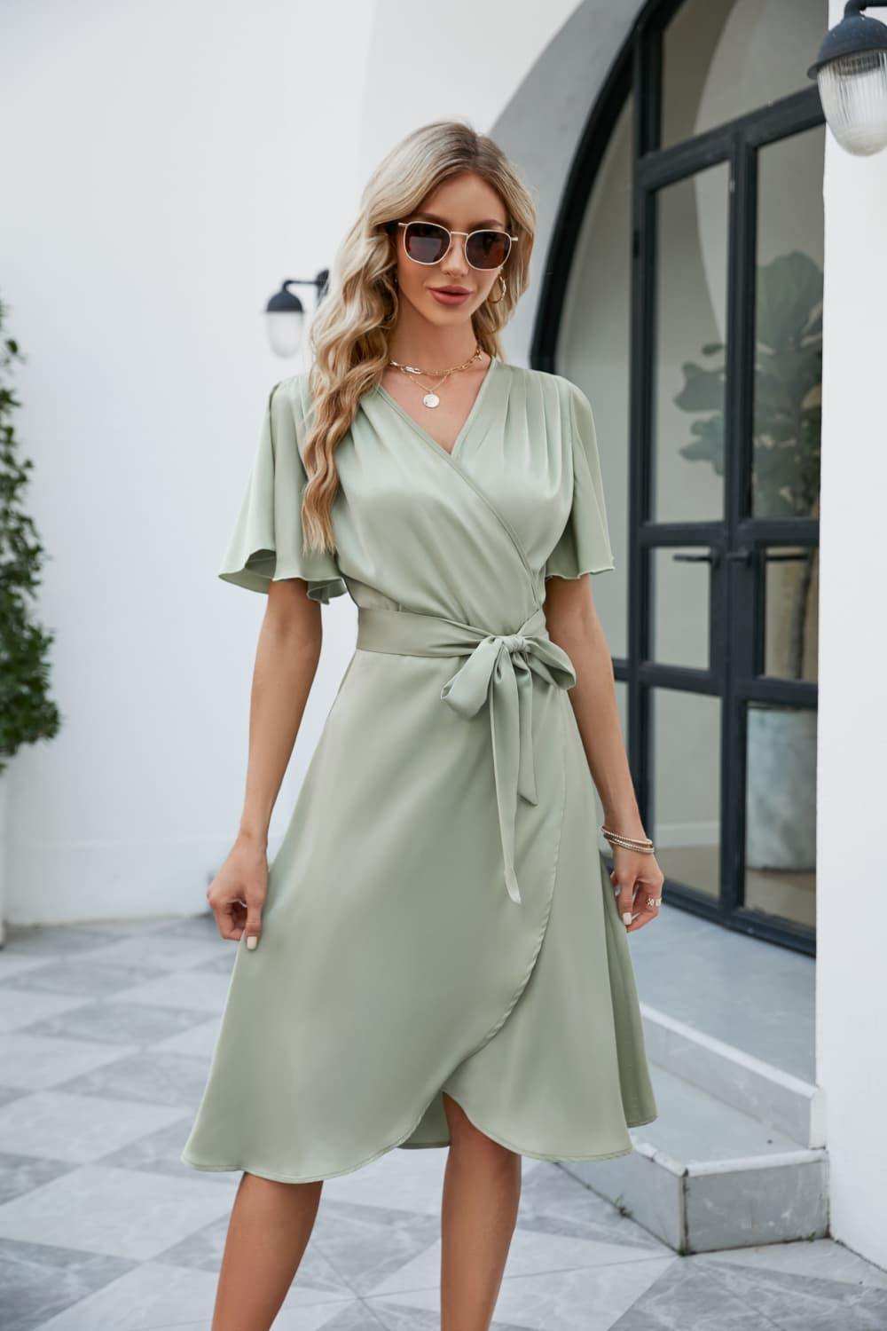 Tie Waist Flutter Sleeve Surplice Dress - Trendsi - Flyclothing LLC