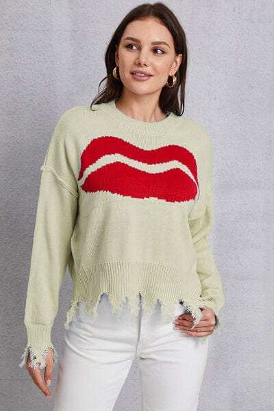 Lip Fringe Round Neck Sweater - Trendsi - Flyclothing LLC