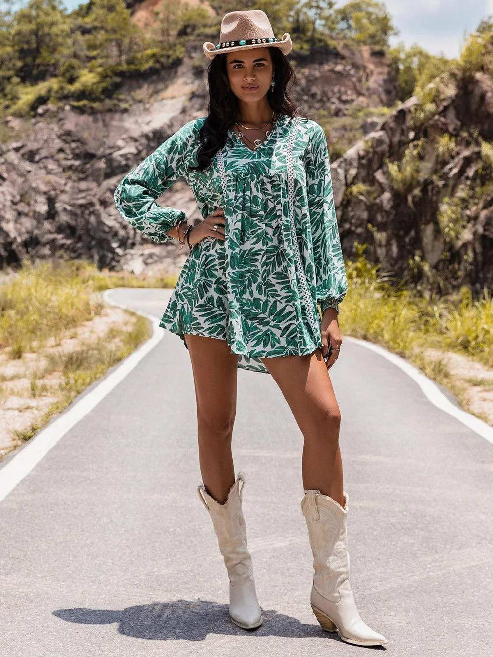 Long Sleeve V-Neck Mini Dress - Trendsi - Flyclothing LLC