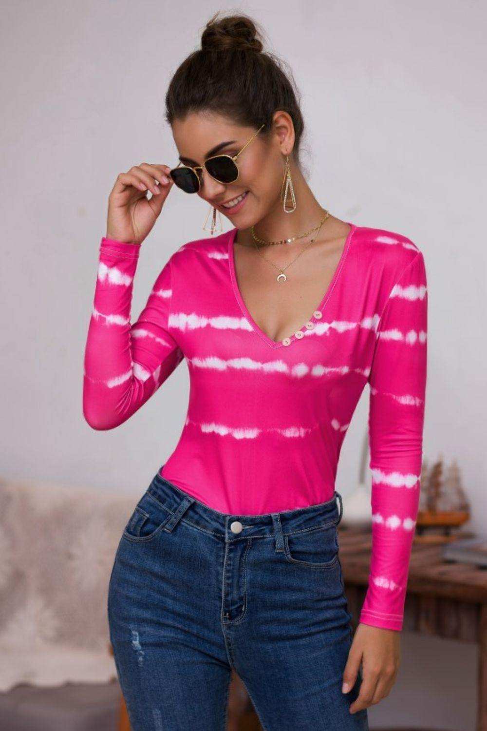Tie-Dye Plunge Long Sleeve Top - Trendsi - Flyclothing LLC