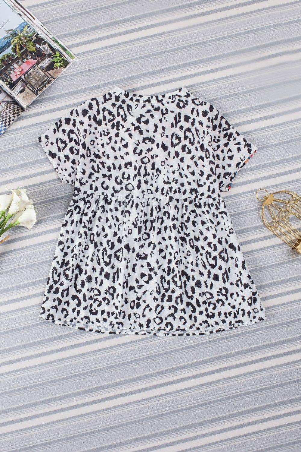 Leopard Tassel Tie Short Sleeve Top - Trendsi - Flyclothing LLC