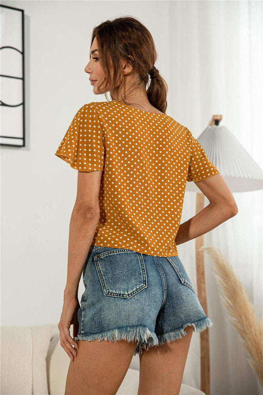 Decorative Button V-Neck Tied Blouse - Trendsi - Flyclothing LLC