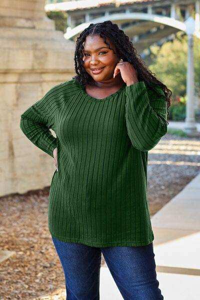 Basic Bae Full Size Ribbed Round Neck Long Sleeve Knit Top - Trendsi - Flyclothing LLC