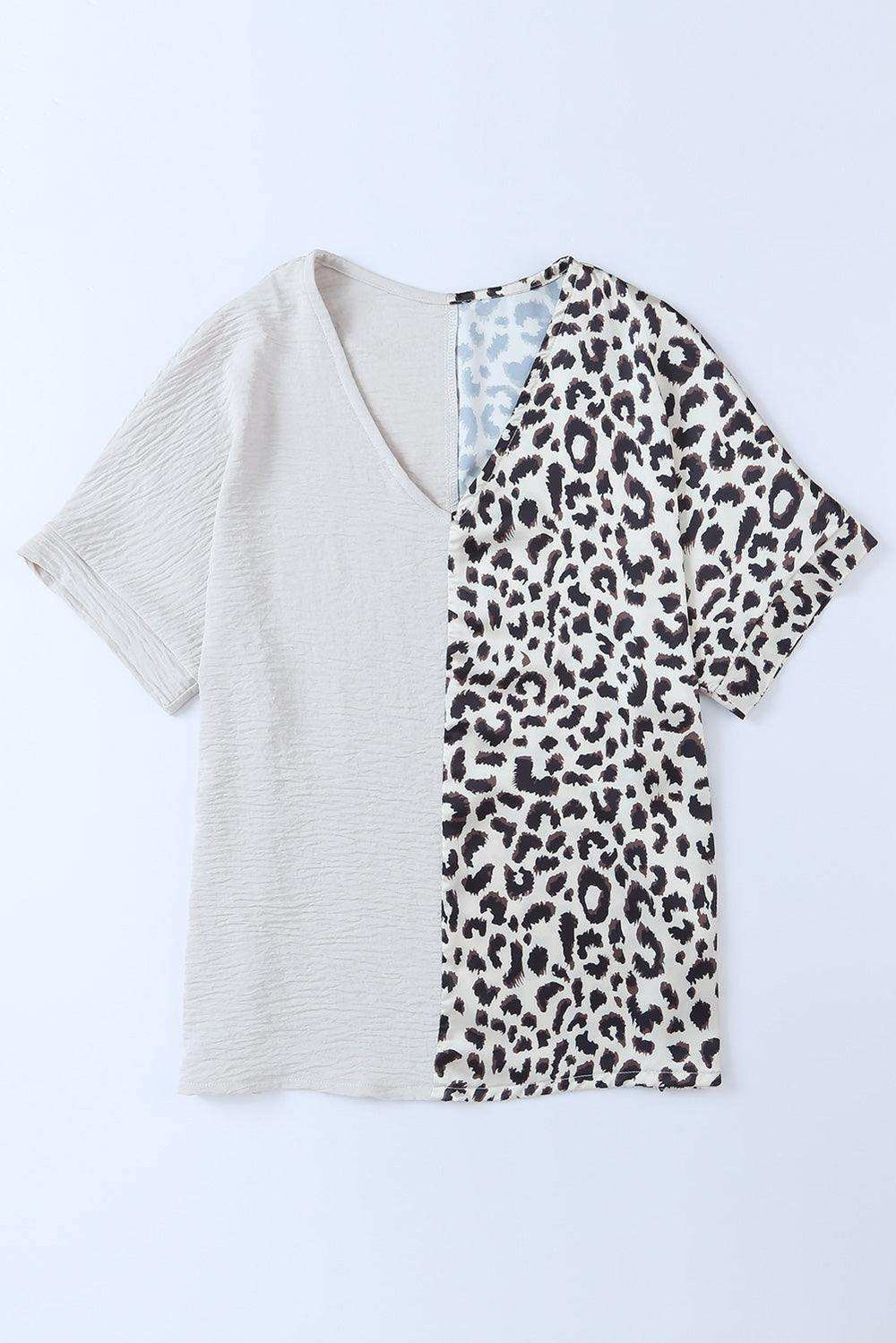 Leopard Color Block V-Neck Blouse - Trendsi - Flyclothing LLC