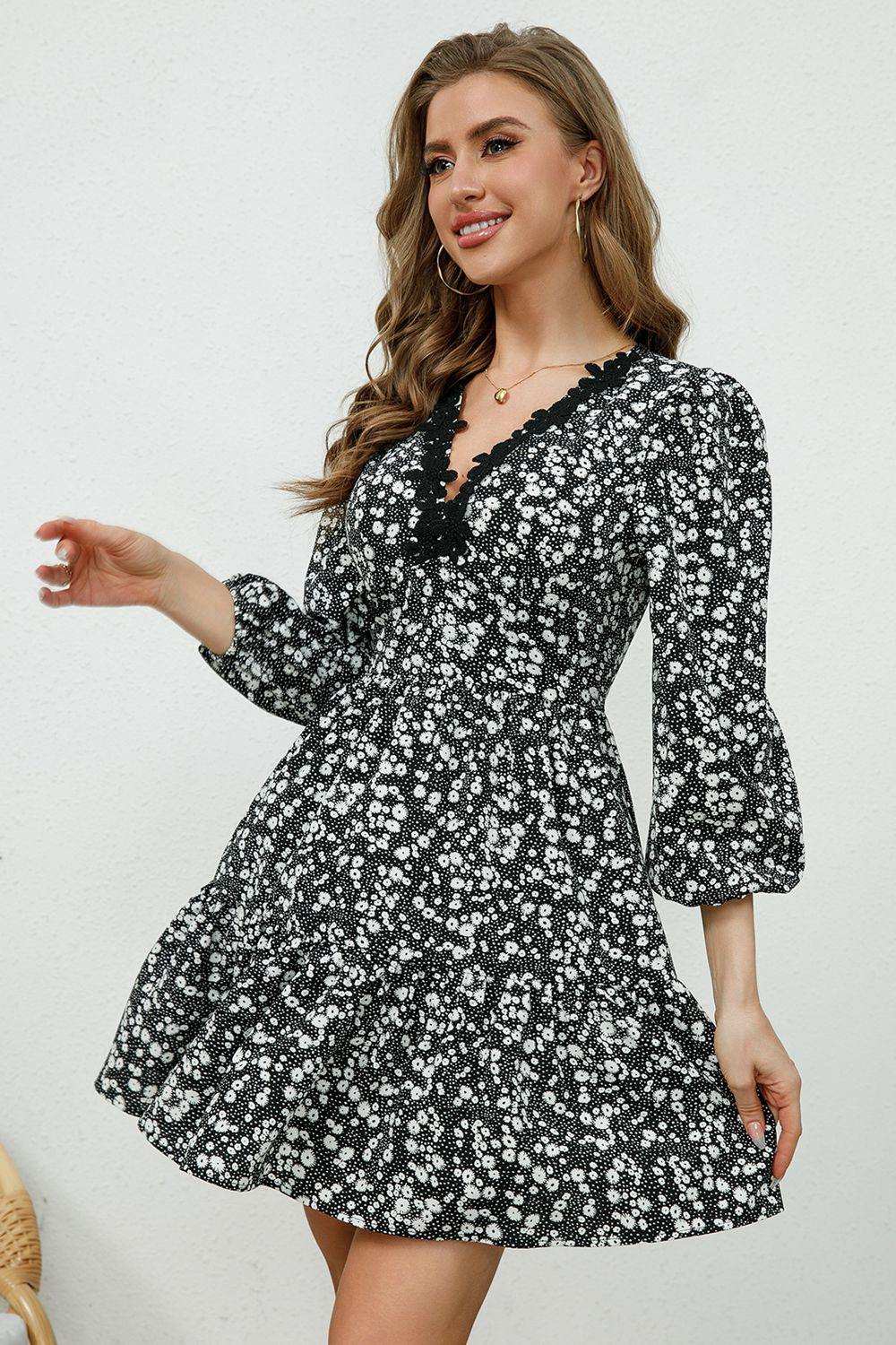 Printed Plunge Neck Flounce Sleeve Mini Dress - Trendsi - Flyclothing LLC
