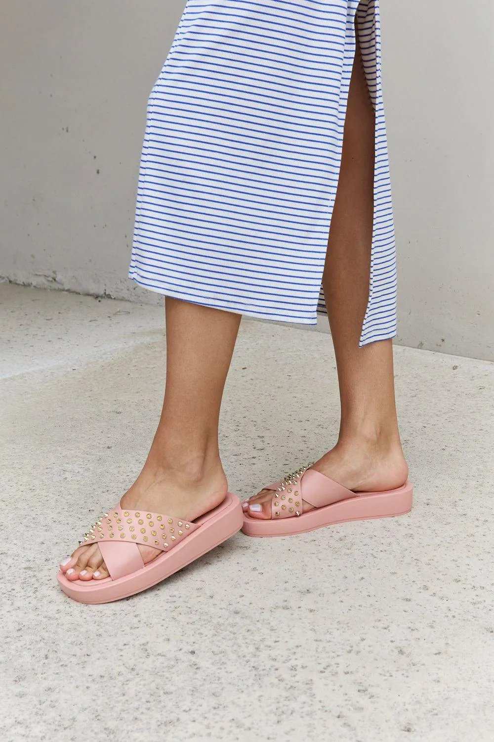 Forever Link Studded Cross Strap Sandals in Blush - Trendsi - Flyclothing LLC