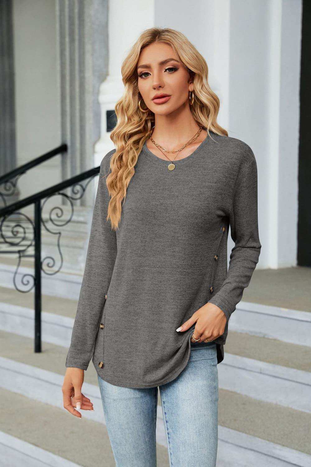 Round Neck Long Sleeve T-Shirt - Trendsi - Flyclothing LLC