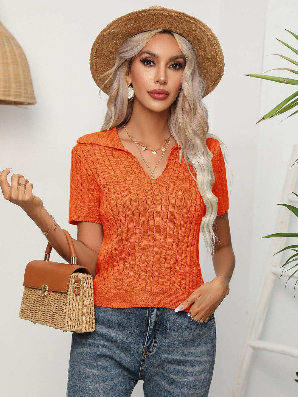 Cable-Knit Johnny Collar Short Sleeve Knit Top - Trendsi - Flyclothing LLC