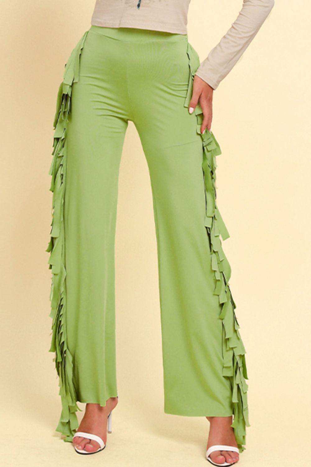 Fringe Trim Wide Leg Pants - Trendsi - Flyclothing LLC