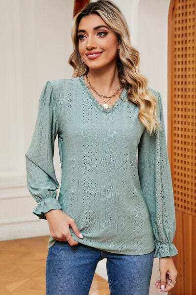 Eyelet V-Neck Flounce Sleeve T-Shirt - Trendsi - Flyclothing LLC
