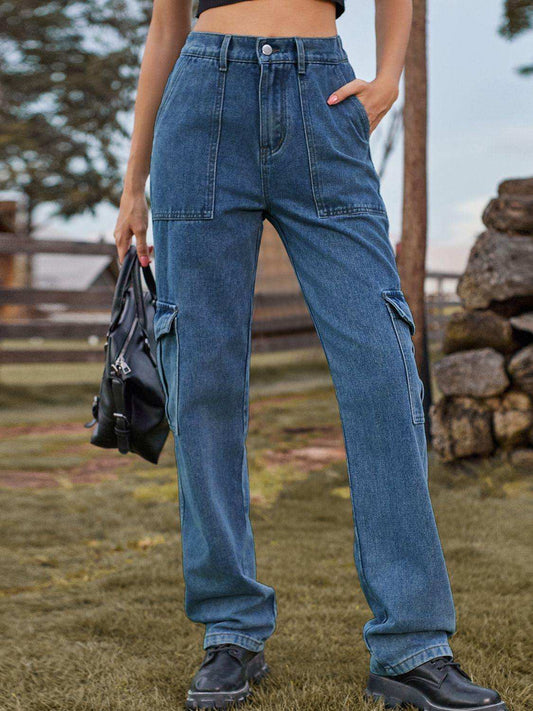 High Waist Cargo Jeans - Trendsi - Flyclothing LLC