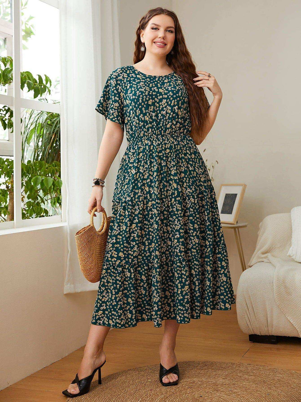 Plus Size Floral Round Neck Short Sleeve Midi Dress - Trendsi - Flyclothing LLC