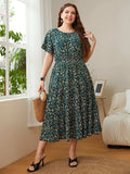 Plus Size Floral Round Neck Short Sleeve Midi Dress - Trendsi - Flyclothing LLC