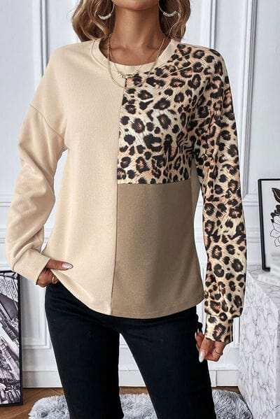 Leopard Waffle Knit Long Sleeve T-Shirt - Trendsi - Flyclothing LLC