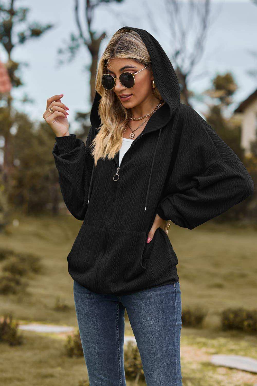 Cable-Knit Long Sleeve Hooded Jacket - Trendsi - Flyclothing LLC