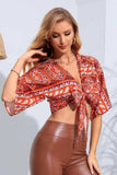 Printed Tie Front Cropped Dolman Sleeve Blouse - Trendsi - Flyclothing LLC