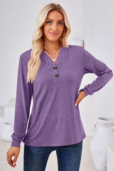 Notched Button Detail Long Sleeve T-Shirt - Trendsi - Flyclothing LLC