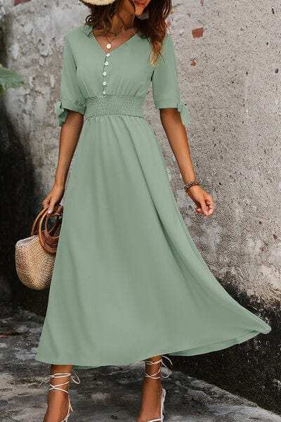 Smocked Quarter Button Short Sleeve Dress - Trendsi - Flyclothing LLC