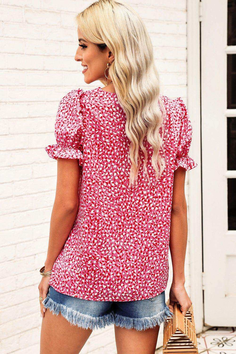Printed Flounce Sleeve Plunge Blouse - Trendsi - Flyclothing LLC