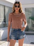 Decorative Button Round Neck Cold Shoulder T-Shirt - Trendsi - Flyclothing LLC