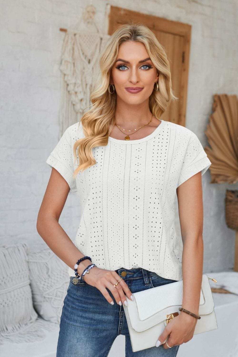 Eyelet Round Neck Rolled Short Sleeve T-Shirt - Trendsi - Flyclothing LLC