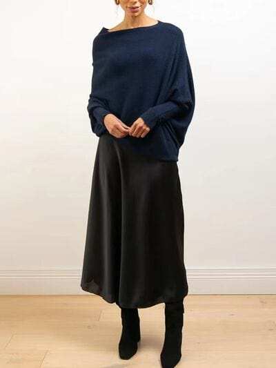 Full Size Boat Neck Batwing Sleeve Knit Top - Trendsi - Flyclothing LLC