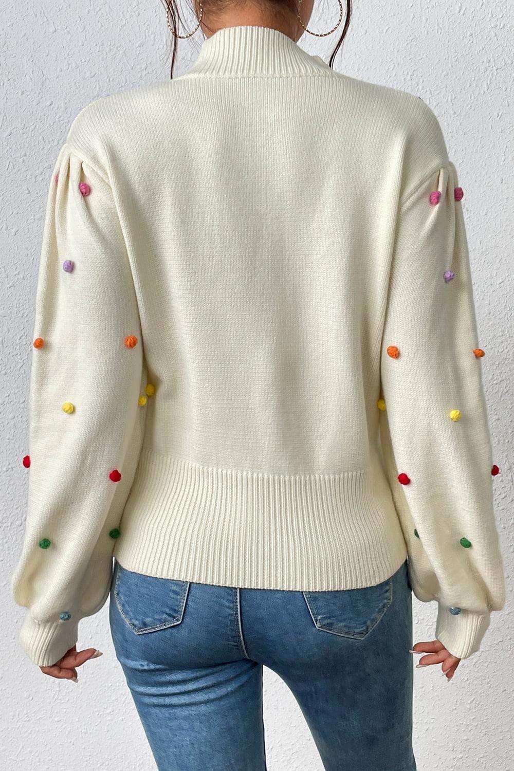 Pom-Pom Trim Mock Neck Long Sleeve Pullover Sweater - Trendsi - Flyclothing LLC