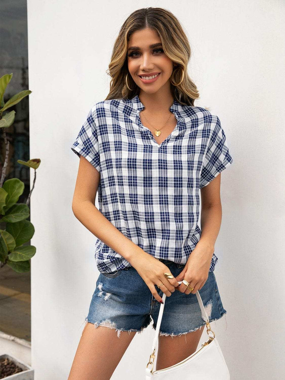 Plaid Notched Short Sleeve Blouse - Trendsi - Flyclothing LLC