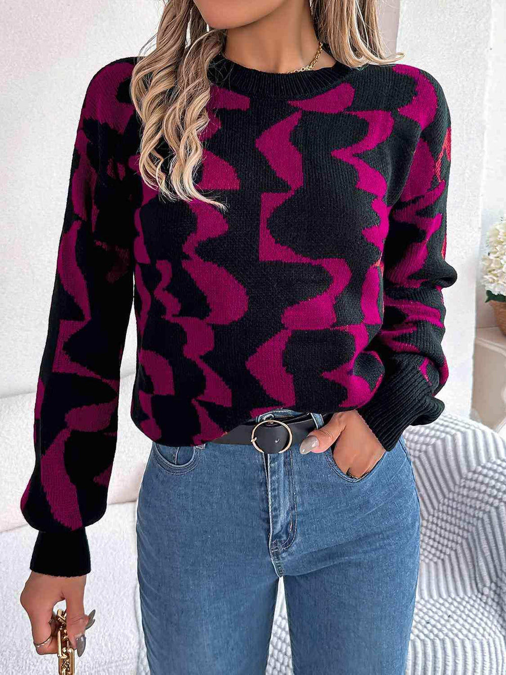 Round Neck Long Sleeve Sweater - Trendsi - Flyclothing LLC