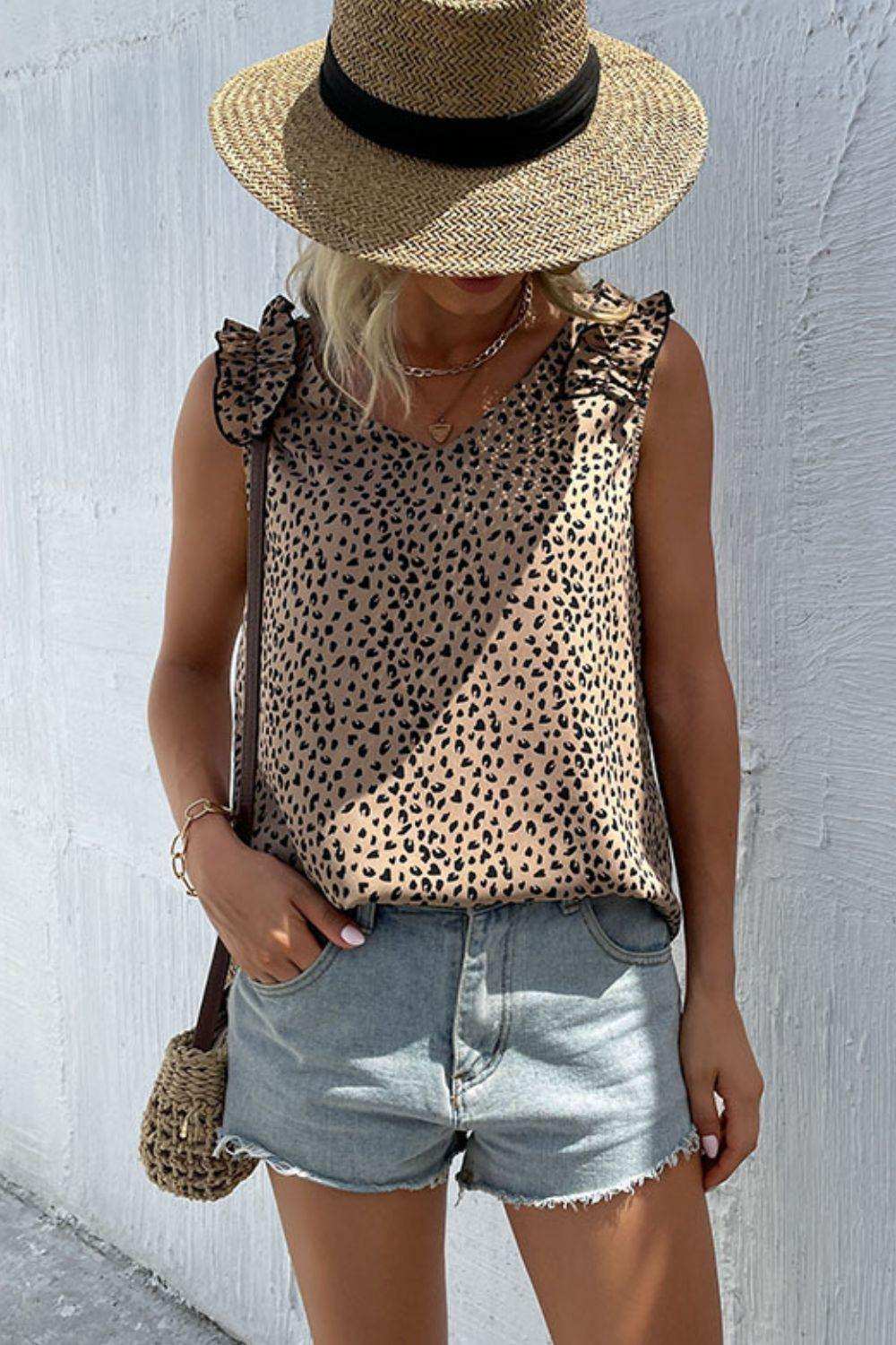 Leopard Frill Trim V-Neck Tank - Trendsi - Flyclothing LLC