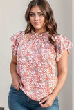 Plus Size Ruffled Floral Mock Neck Cap Sleeve Blouse - Trendsi - Flyclothing LLC