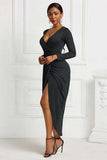 High-low Ruched Surplice Long Sleeve Dress - Trendsi - Flyclothing LLC