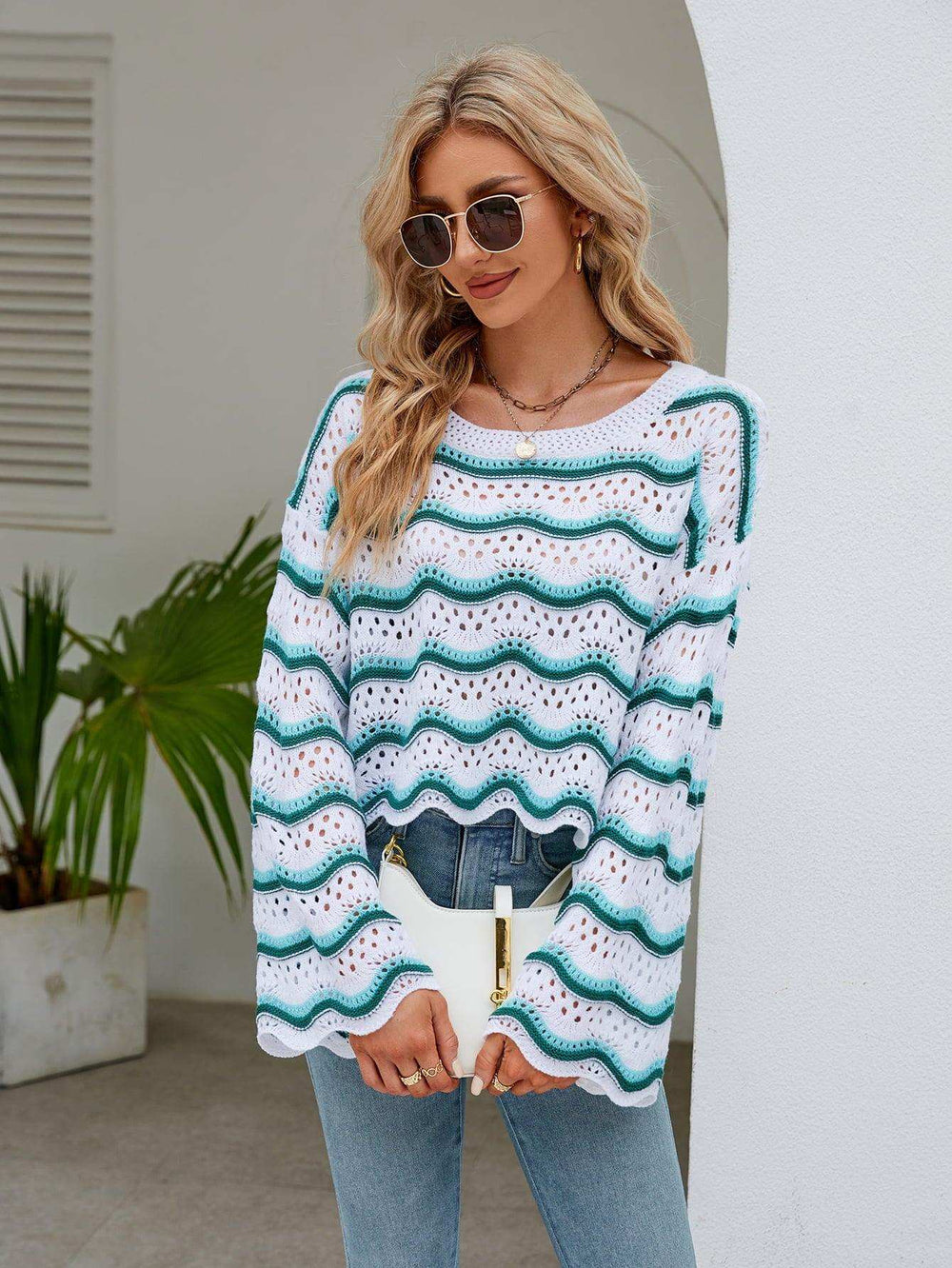Round Neck Openwork Flare Sleeve Knit Top - Trendsi - Flyclothing LLC