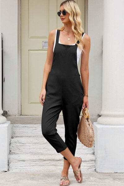 Square Neck Wide Strap Cropped Overalls - Trendsi - Flyclothing LLC