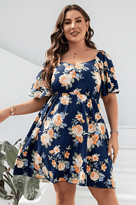 Plus Size Floral Print V-Neck Flutter Sleeve Mini Dress - Trendsi - Flyclothing LLC