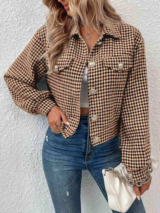 Houndstooth Collared Neck Button Up Jacket - Trendsi - Flyclothing LLC