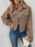 Houndstooth Collared Neck Button Up Jacket - Trendsi - Flyclothing LLC